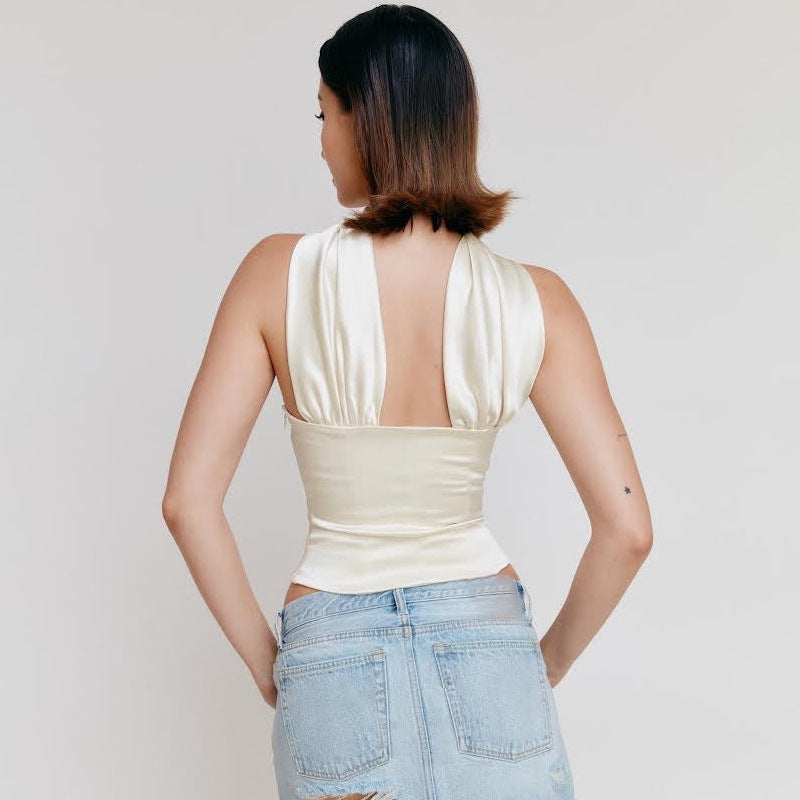 Haut Élégant et Raffiné à Épaule Dénudée – Bandeau Halter Uni et Ajusté pour Femme