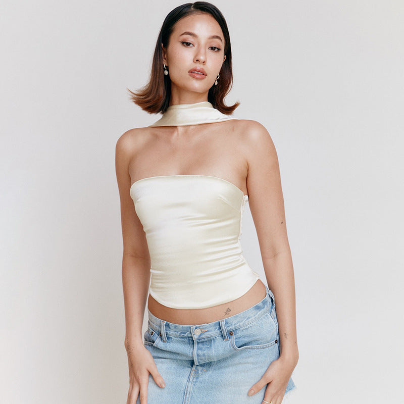 Haut Élégant et Raffiné à Épaule Dénudée – Bandeau Halter Uni et Ajusté pour Femme