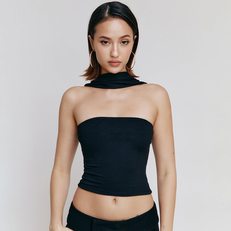 Haut Élégant et Raffiné à Épaule Dénudée – Bandeau Halter Uni et Ajusté pour Femme