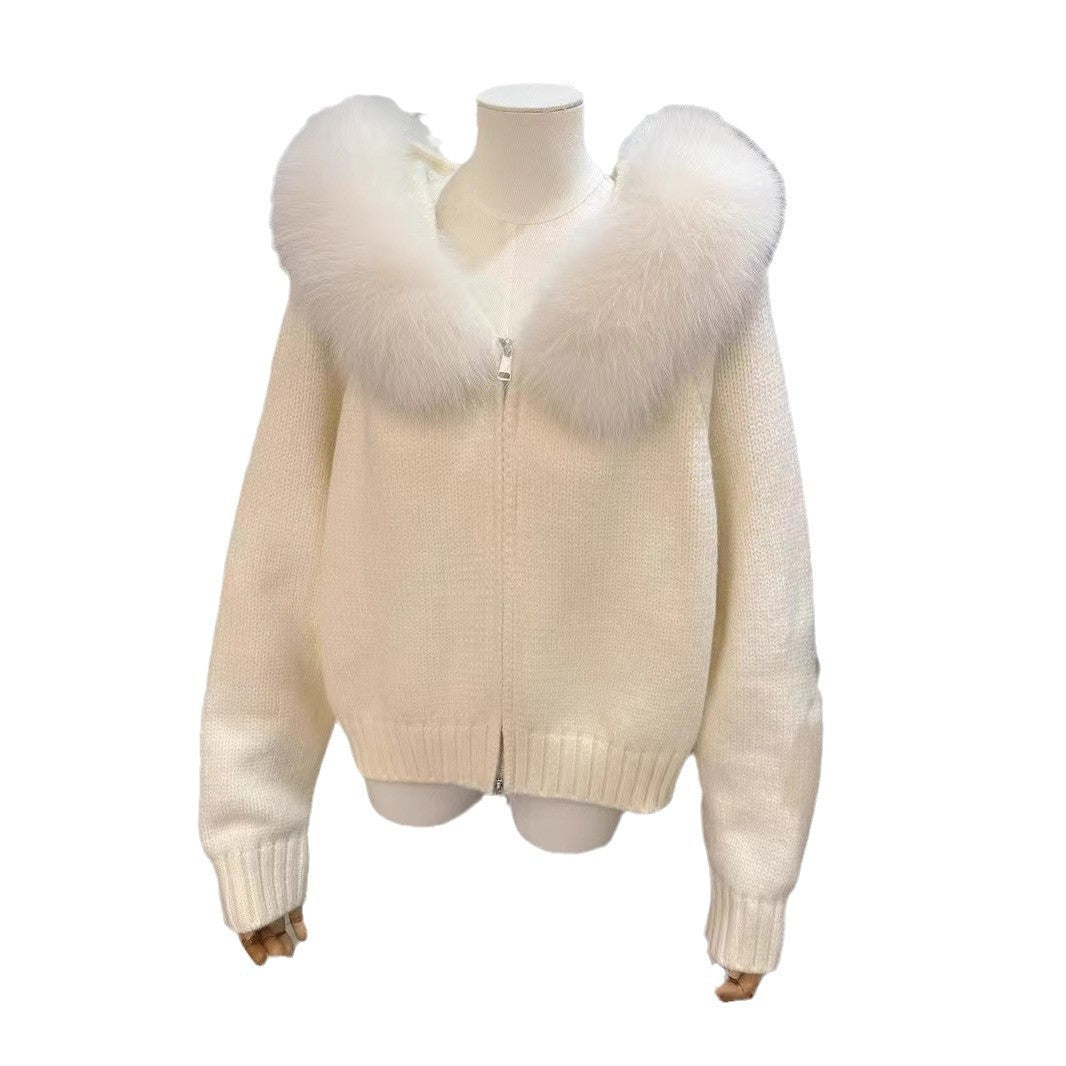 High-grade Women's Top Hooded Knitted Fur Collar Cardigan