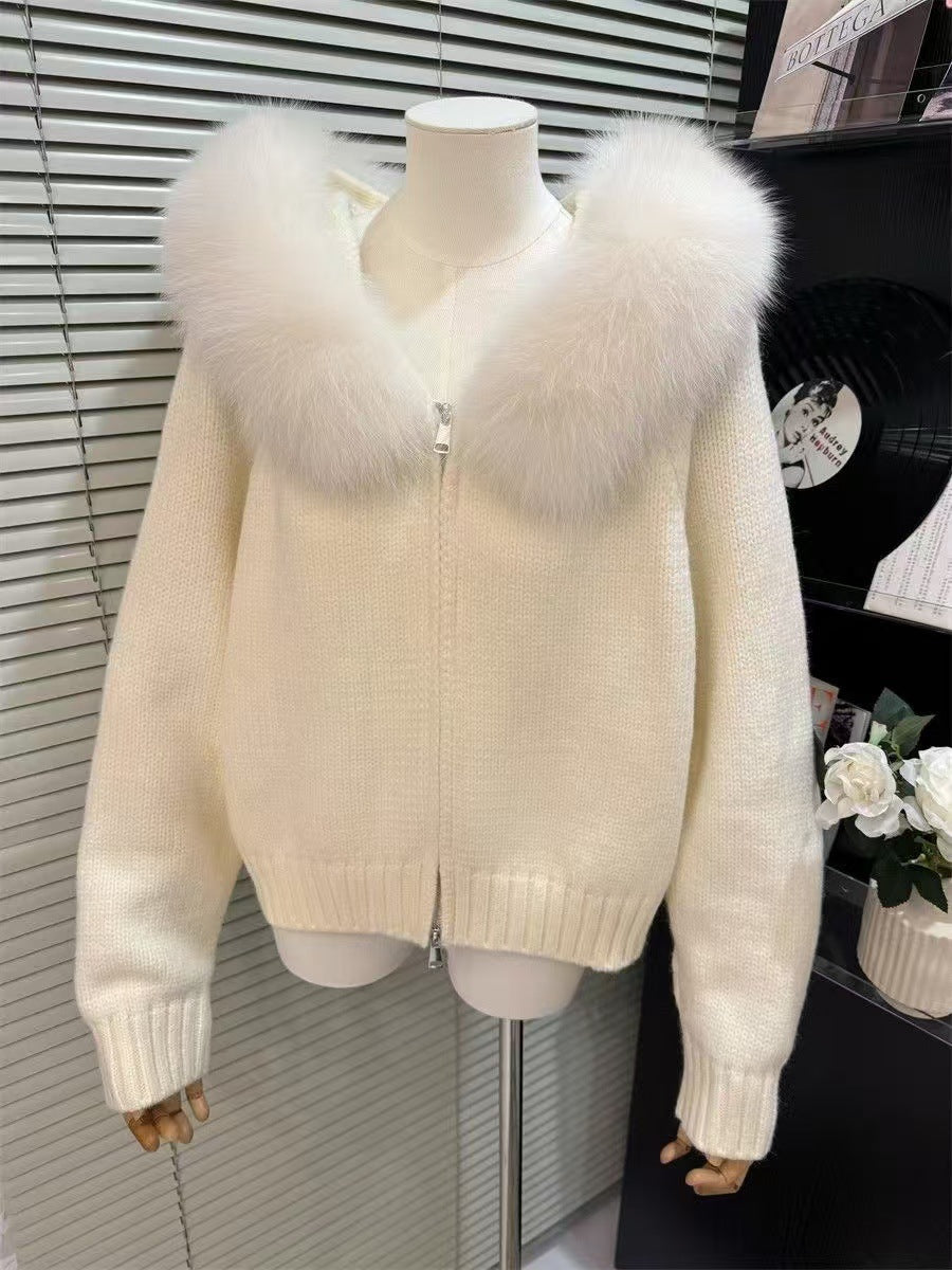 High-grade Women's Top Hooded Knitted Fur Collar Cardigan