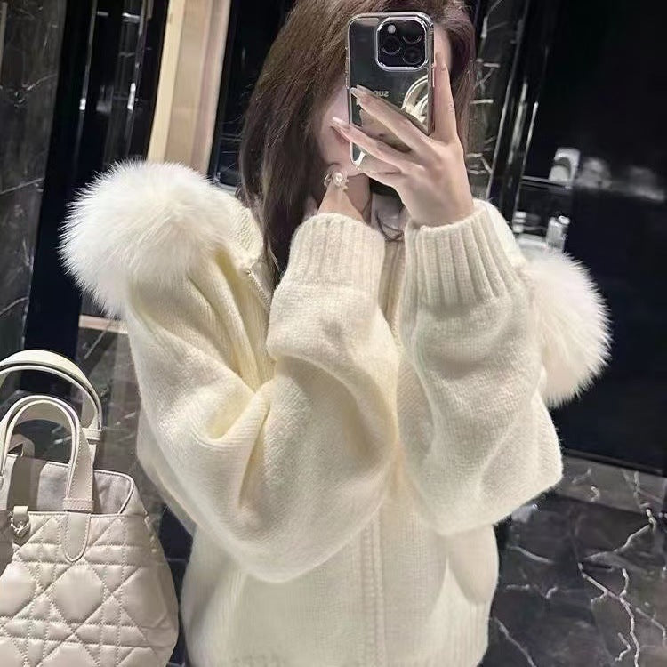 High-grade Women's Top Hooded Knitted Fur Collar Cardigan