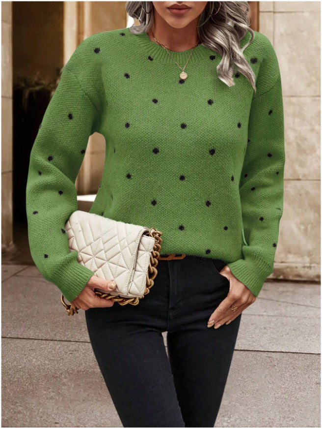 Fashion Round Neck Polka Dot Jacquard Long Sleeve Pullover Sweater